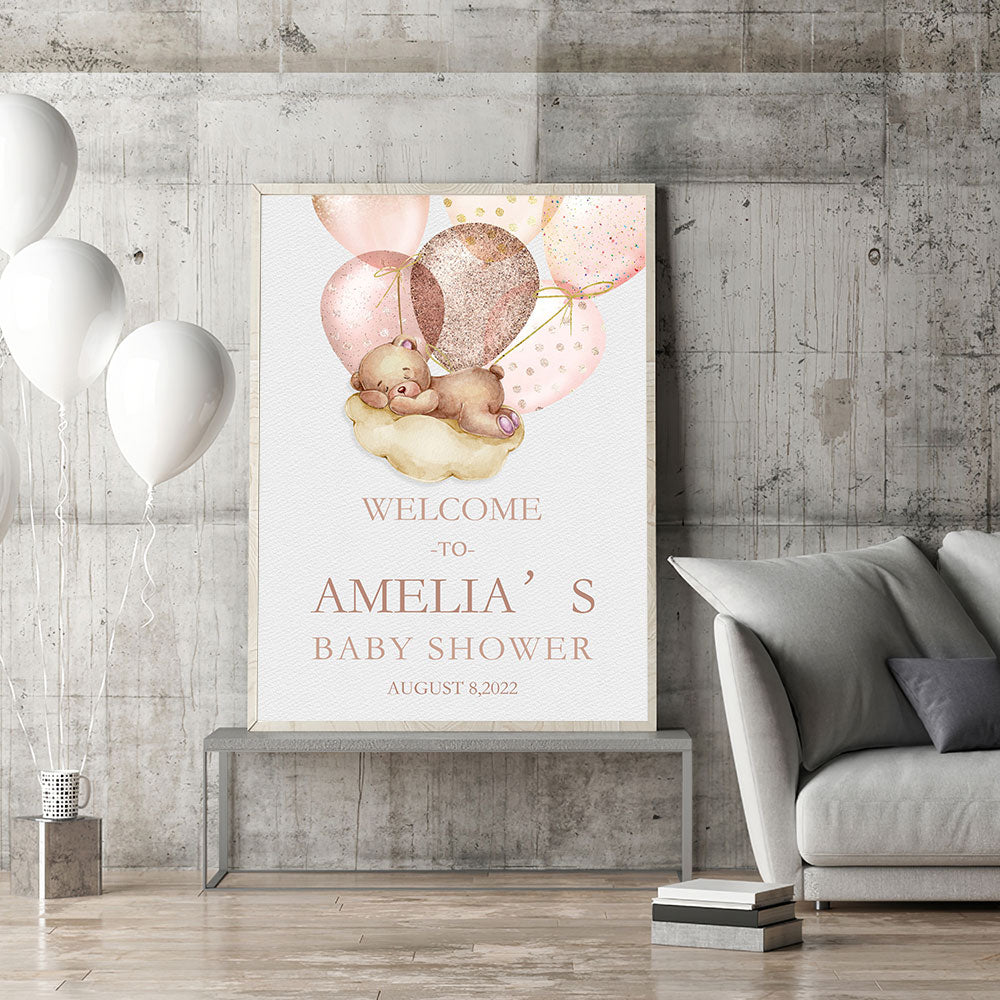 Custom Name Baby Shower Canvas Print | Pastel Poster for Girl Nursery Balloon Bear Wall Art Picture For Baby Room Home Décor