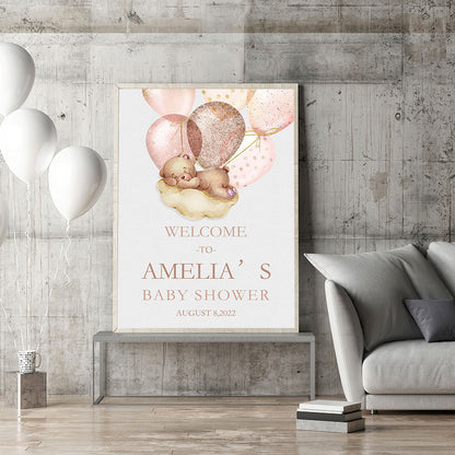 Custom Name Baby Shower Canvas Print | Pastel Poster for Girl Nursery Balloon Bear Wall Art Picture For Baby Room Home Décor