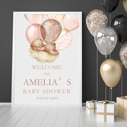 Custom Name Baby Shower Canvas Print | Pastel Poster for Girl Nursery Balloon Bear Wall Art Picture For Baby Room Home Décor