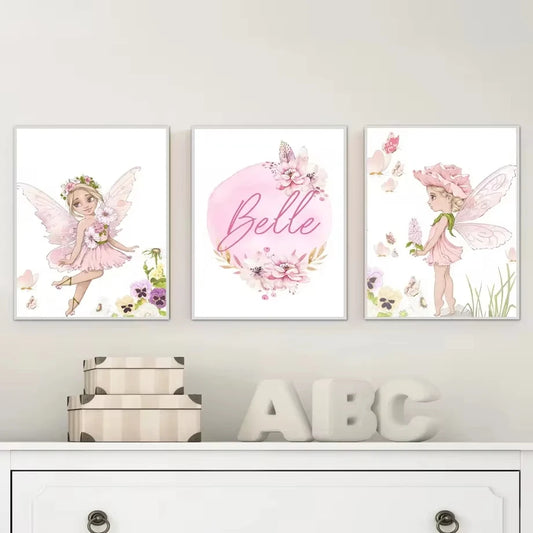 Cute Cartoon Pink Angel Princess Butterfly Wall Art Canvas Print Nordic Pink Fine Art For Living Room Girls Bedroom Décor