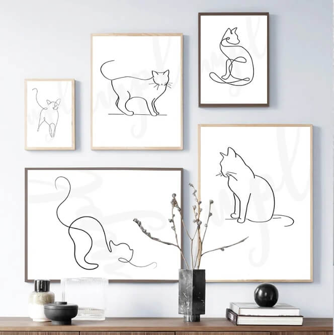 Cute Cats Line Art Canvas Prints Minimalist Animals Poster Black White Drawing Pictures Nordic Wall Art For Modern Living Room Home Décor