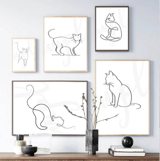 Cute Cats Line Art Canvas Prints Minimalist Animals Poster Black White Drawing Pictures Nordic Wall Art For Modern Living Room Home Décor
