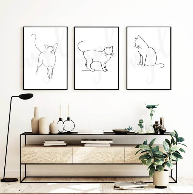 Cute Cats Line Art Canvas Prints Minimalist Animals Poster Black White Drawing Pictures Nordic Wall Art For Modern Living Room Home Décor