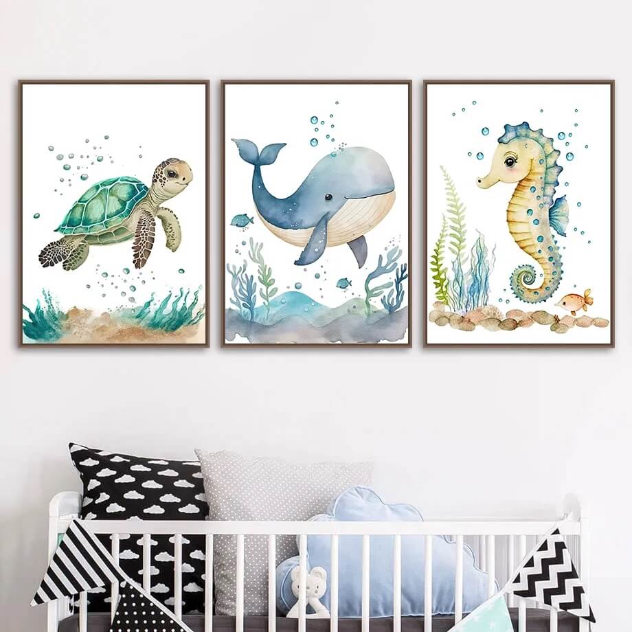 Cute Whale Sea Horse Octopus Crab Turtle Wall Art Watercolor Large Canvas Prints Nordic Poster For Nursery Ocean Pictures For Baby Kids Room Décor
