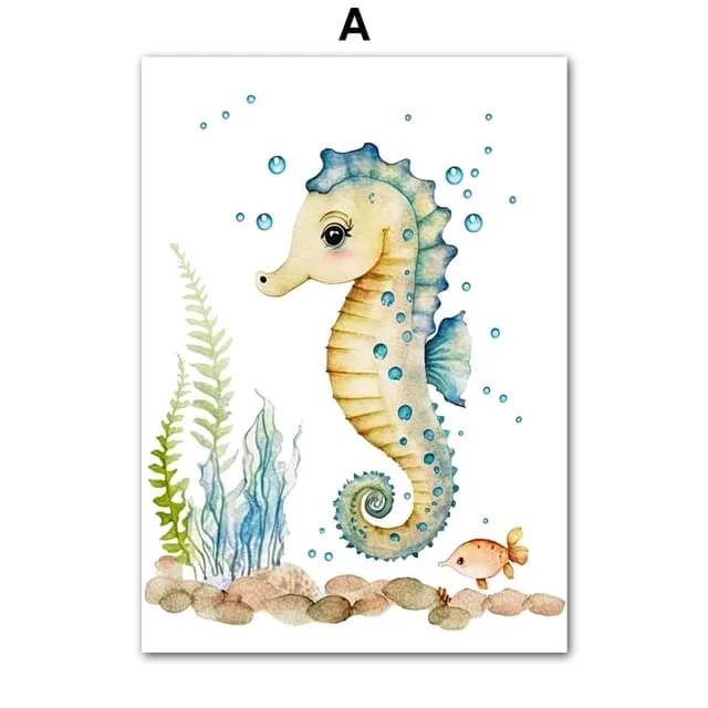 Cute Whale Sea Horse Octopus Crab Turtle Wall Art Watercolor Large Canvas Prints Nordic Poster For Nursery Ocean Pictures For Baby Kids Room Décor
