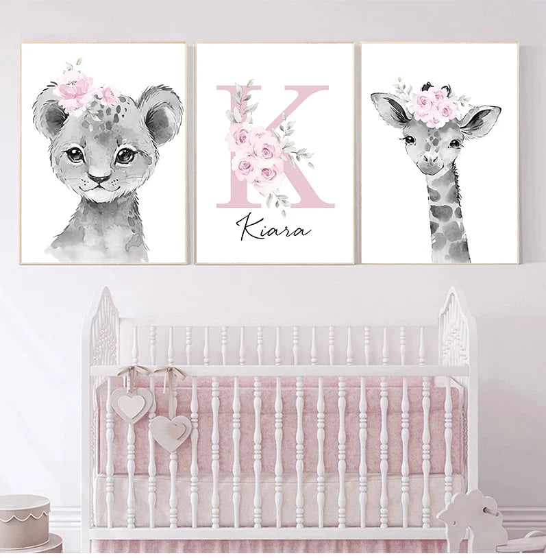 Cute Animals Nursery Posters Personalized Baby's Name Wall Art Canvas Prints For Baby's Room Kids' Room Wall Decor
