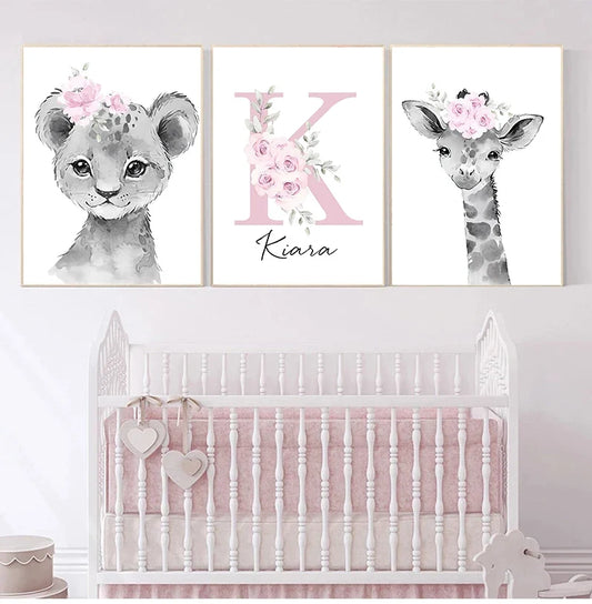 Cute Animals Nursery Posters Personalized Baby's Name Wall Art Canvas Prints For Baby's Room Kids' Room Wall Decor