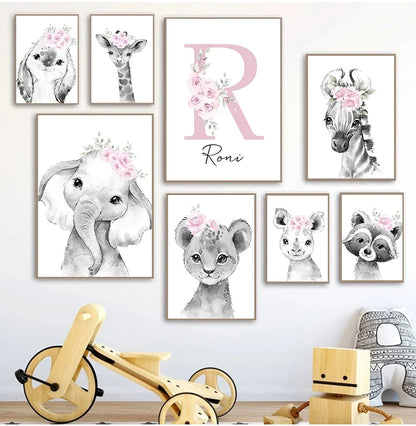 Cute Animals Nursery Posters Personalized Baby's Name Wall Art Canvas Prints For Baby's Room Kids' Room Wall Decor