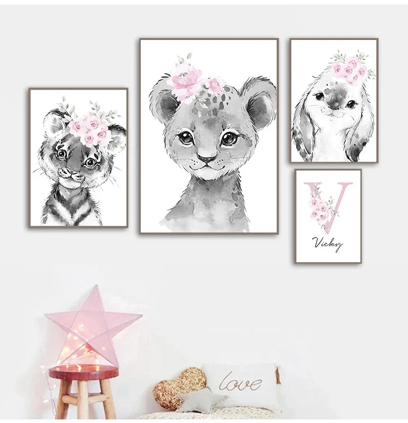 Cute Animals Nursery Posters Personalized Baby's Name Wall Art Canvas Prints For Baby's Room Kids' Room Wall Decor