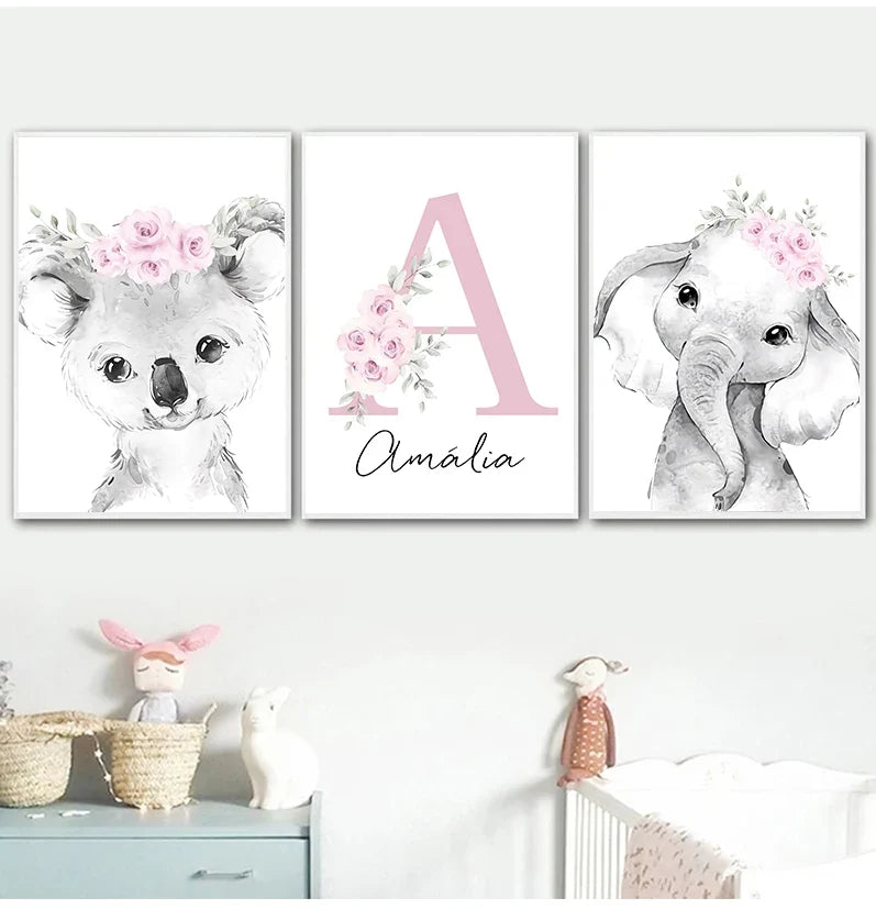 Cute Animals Nursery Posters Personalized Baby's Name Wall Art Canvas Prints For Baby's Room Kids' Room Wall Decor