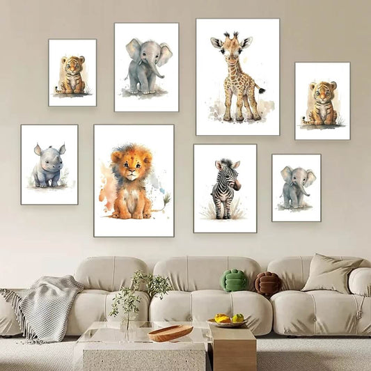 Cute Baby Animals Wall Art Watercolor Minimalist Canvas Prints Lion Tiger Elephant Giraffe Poster For Children Room Nursery Home Décor