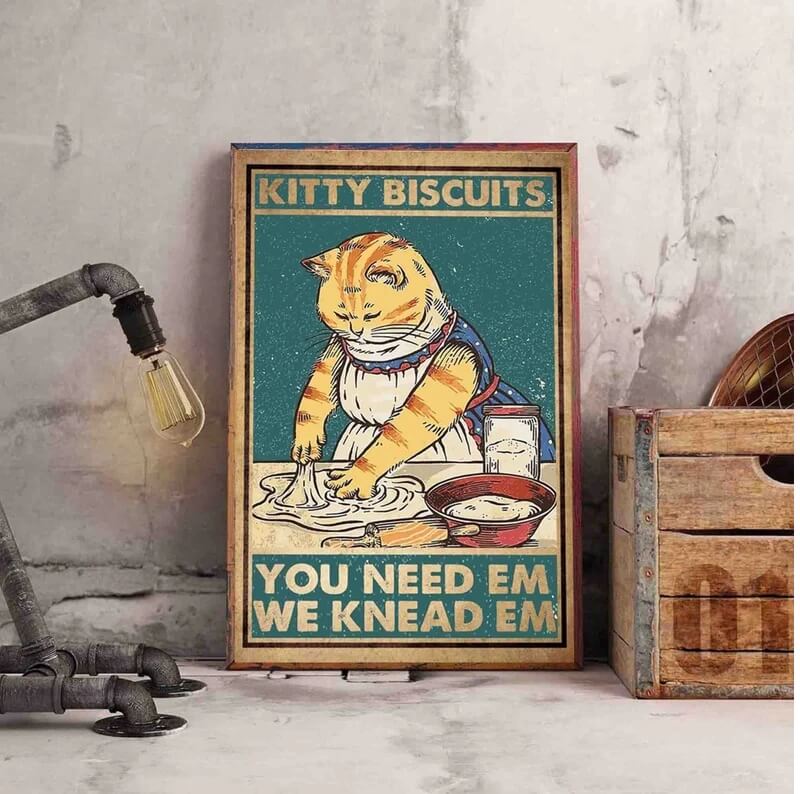 Black Cat Vintage Kitty Biscuits Canvas Print | Funny Inspirational Quotes Poster Animals Wall Art For Dining Room Kitchen Fine Art Home Décor