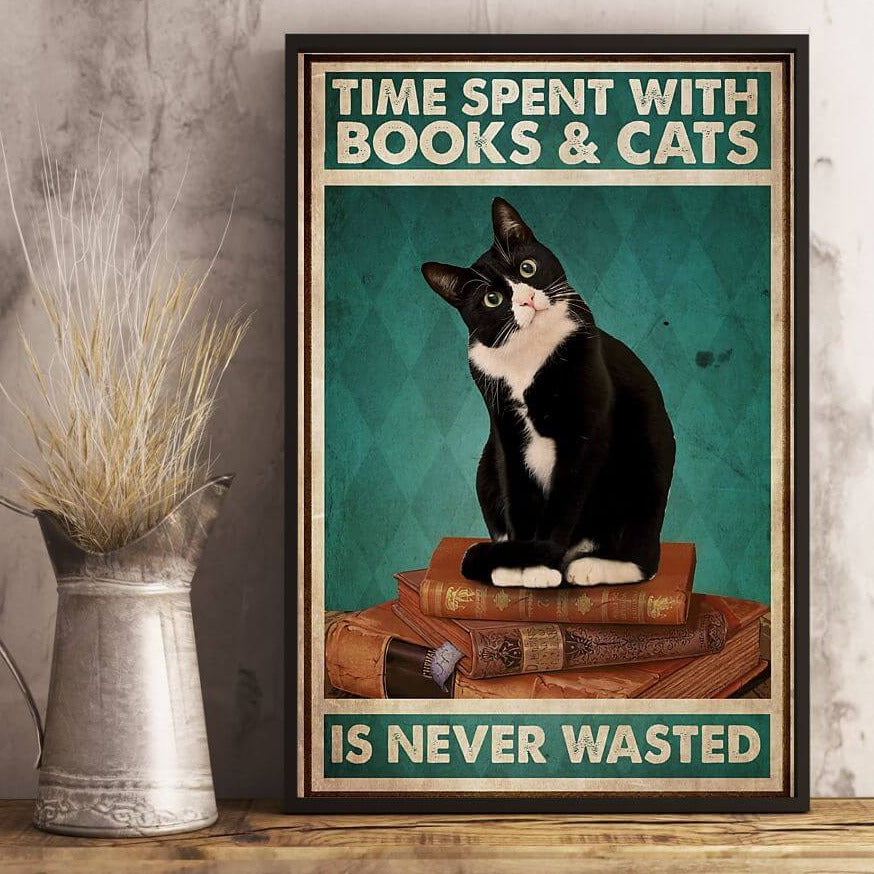 Black Cat Vintage Time Spent With Books and Cats Canvas Print | Funny Inspirational Quotes Wall Art Animals Pictures For Living Room Bedroom Fine Art Home Décor