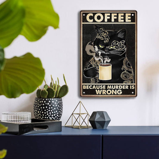 Black Cat Vintage Coffee Canvas Print | Coffee Because Murder Is Wrong Poster Funny Inspirational Quote Wall Art Animal Pictures For Dining Room Fine Art Home Décor