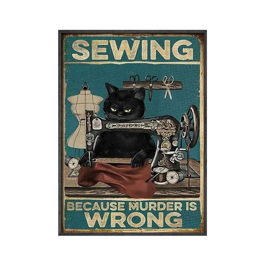 Black Cat Vintage Sewing Canvas Print | Sewing Because Murder Is Wrong Poster Funny Inspirational Quote Wall Art Cute Cat Pictures For Living Room Fine Art Home Décor