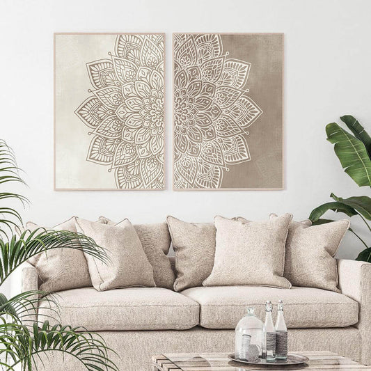 Original Beige Brown Mandala Canvas Prints | Minimalist Boho Wall Art Neutral Colors Posters For Living Room Bedroom Nordic Home Décors