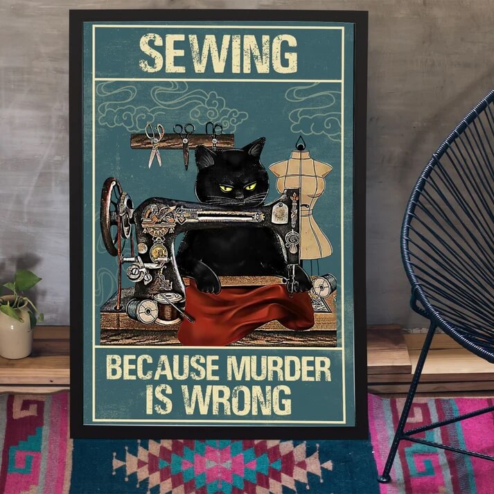 Black Cat Vintage Sewing Canvas Print | Sewing Because Murder Is Wrong Poster Funny Inspirational Quote Wall Art Cute Cat Pictures For Living Room Fine Art Home Décor