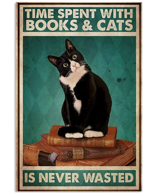Black Cat Vintage Time Spent With Books and Cats Canvas Print | Funny Inspirational Quotes Wall Art Animals Pictures For Living Room Bedroom Fine Art Home Décor