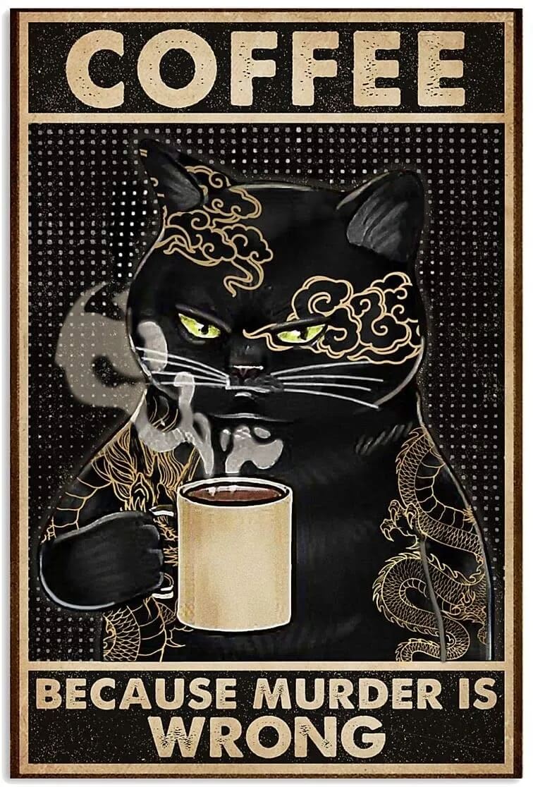 Black Cat Vintage Coffee Canvas Print | Coffee Because Murder Is Wrong Poster Funny Inspirational Quote Wall Art Animal Pictures For Dining Room Fine Art Home Décor
