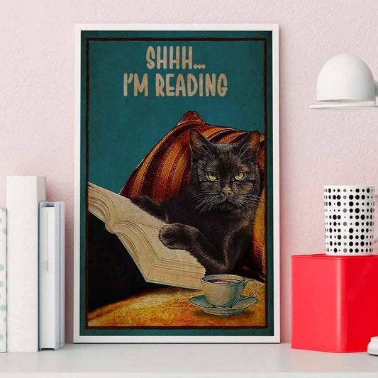 Black Cat Vintage Reading Canvas Print | Shhhh I Am Reading Poster Funny Inspirational Quotes Wall Art Animals Pictures For Living Room Bedroom Fine Art Home Décor
