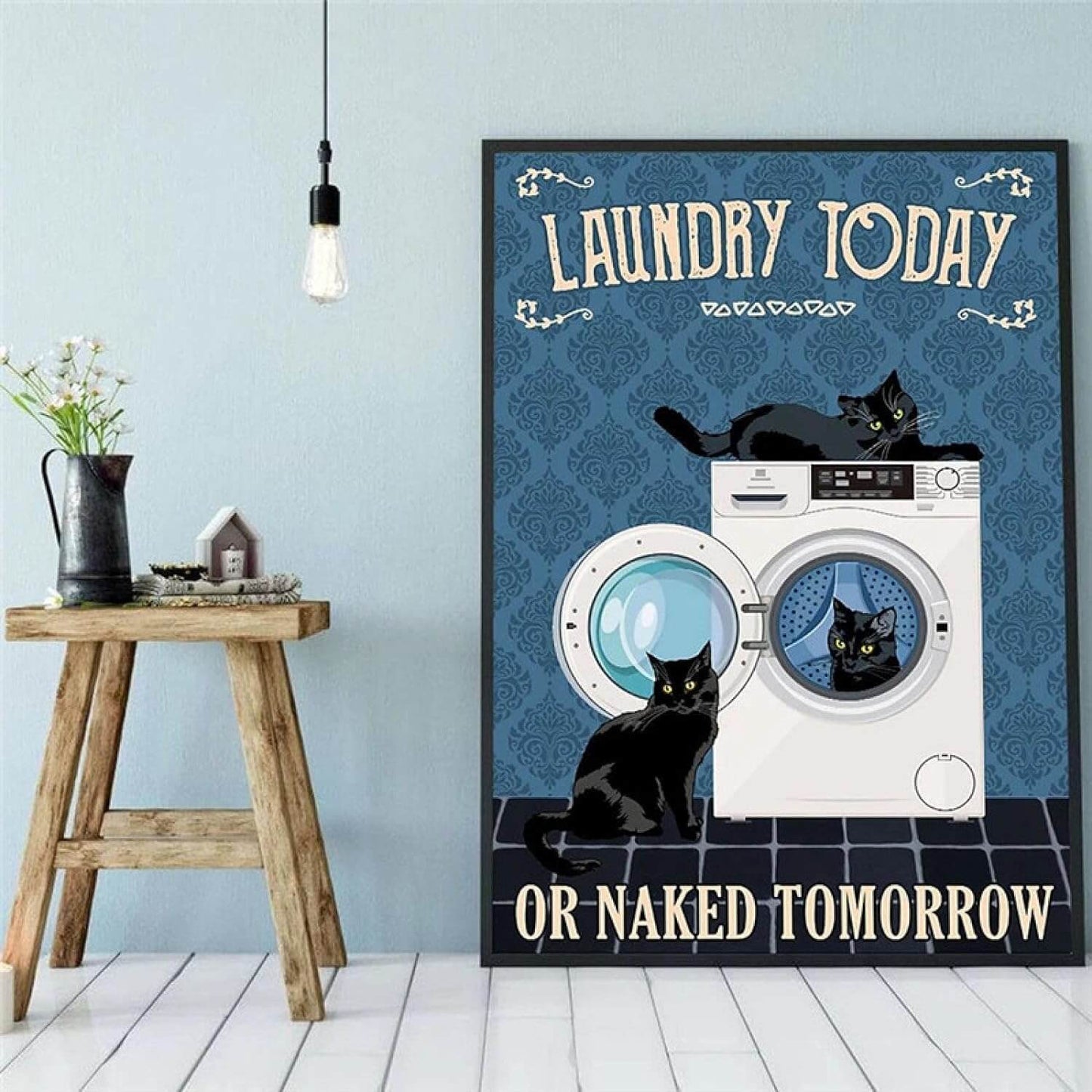 Black Cat Vintage Laundry Canvas Print | Laundry Today Or Naked Tomorrow Poster Funny Inspirational Quotes Wall Art Animals Pictures For Bathroom Fine Art Home Décor