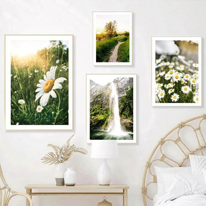 Daisy Mountain Forest Flower Green Plant Canvas Prints Nordic Posters Nature Wall Art For Living Room Rustic Home Décor