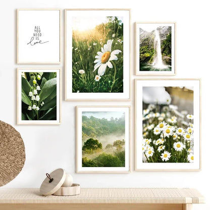 Daisy Mountain Forest Flower Green Plant Canvas Prints Nordic Posters Nature Wall Art For Living Room Rustic Home Décor