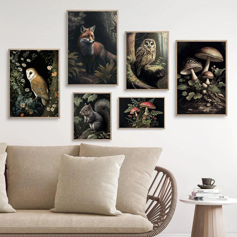 Dark Academia Botanical Woodlands Animals Mushrooms Motifs Wall Art Canvas Prints Fox Owl Butterflies Poster For Moody Living Room Decor