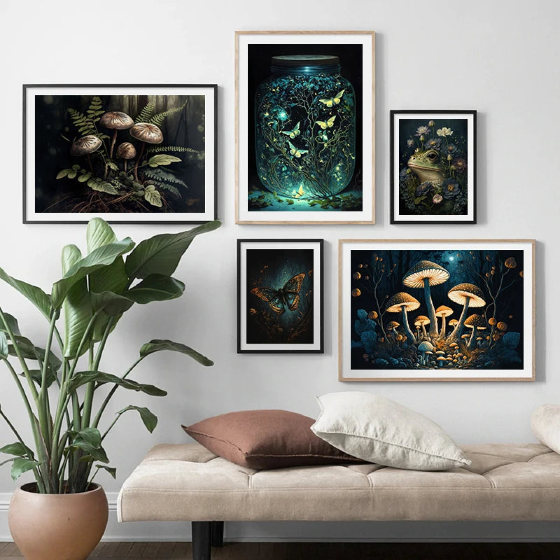 Dark Academia Botanical Woodlands Animals Mushrooms Motifs Wall Art Canvas Prints Fox Owl Butterflies Poster For Moody Living Room Decor