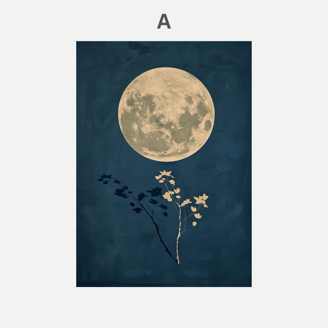 Poster with a large moon and silhouette of plants on a dark blue background