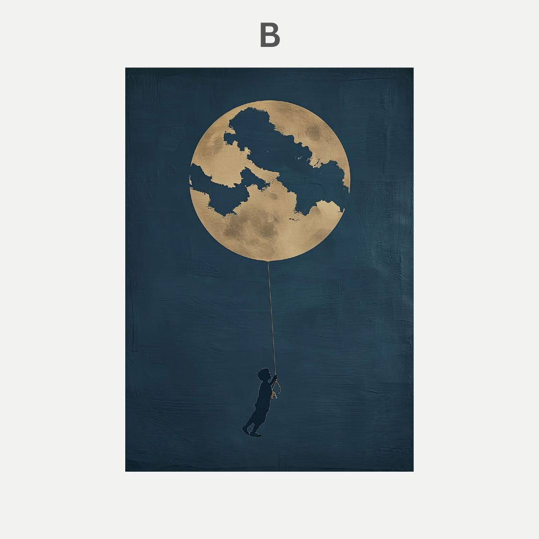 Illustration of a person holding a large moon-shaped balloon against a dark blue background.