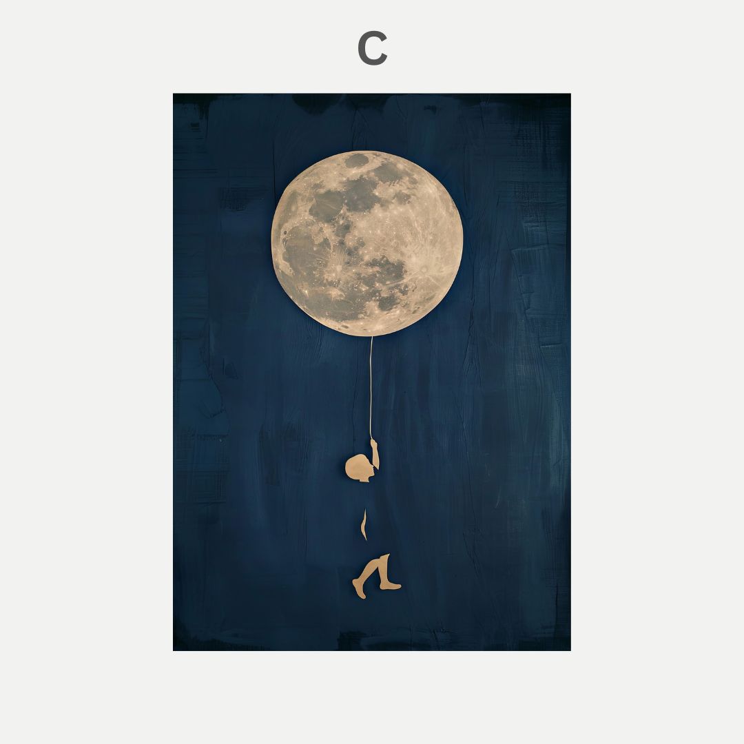 Artistic depiction of a person being lifted by a moon-shaped balloon against a dark blue background.