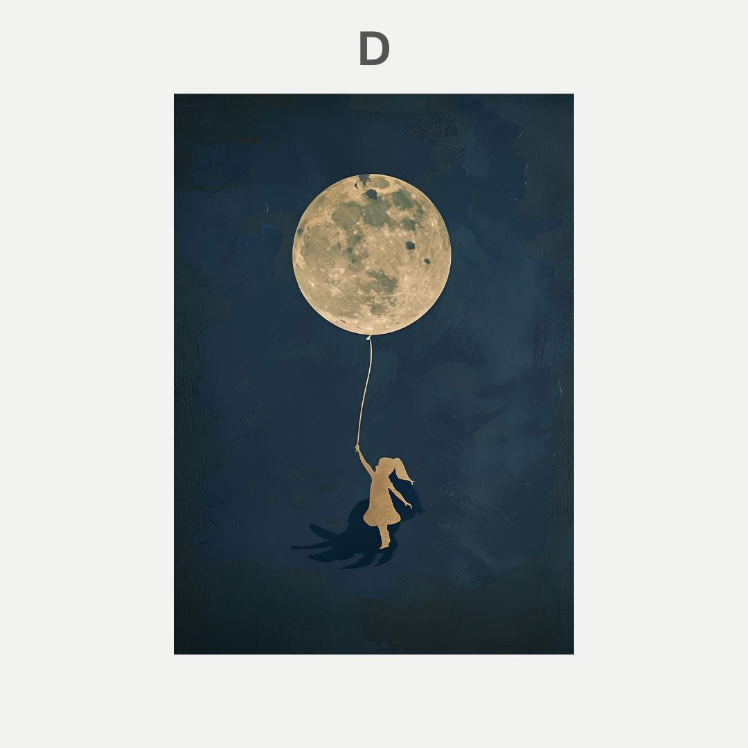 Illustration of a silhouette of a girl holding a balloon shaped like the moon against a dark blue background.