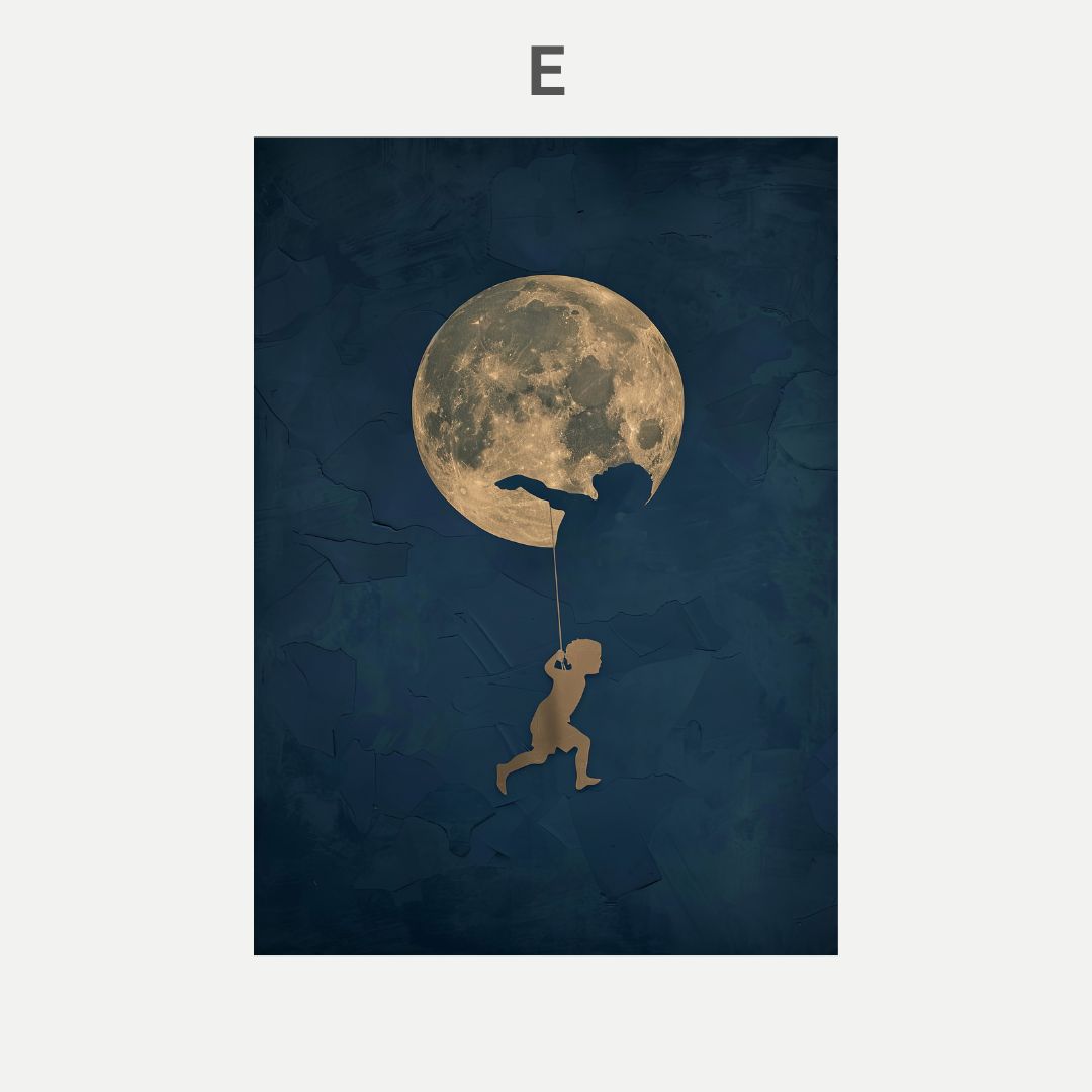 Illustration of a person holding onto a large moon against a dark blue background