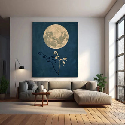 Dark Japandi Night Sky Canvas Print Wall Art Moon and The Girl Poster For Modern Living Room