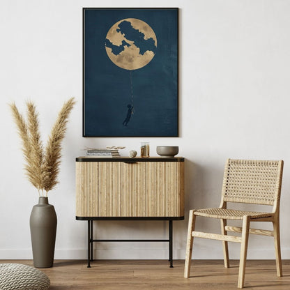 Dark Japandi Night Sky Canvas Print Wall Art Moon and The Girl Poster For Modern Living Room