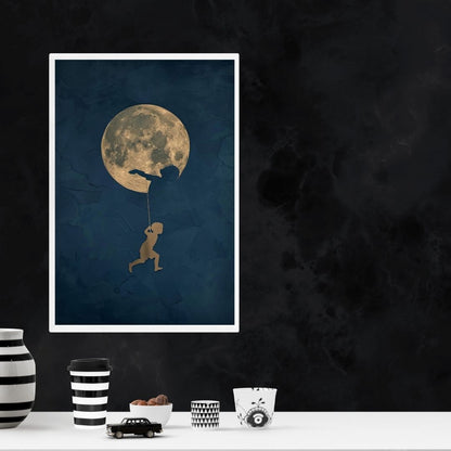 Dark Japandi Night Sky Canvas Print Wall Art Moon and The Girl Poster For Modern Living Room