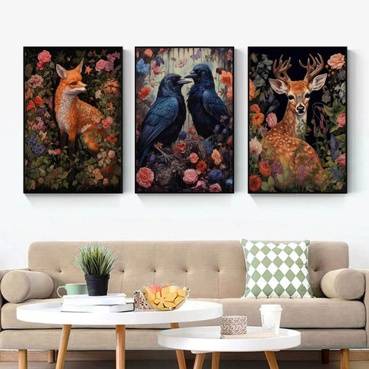 Dark Academia Gothic Floral Woodland Animals Raven Owl Fox Woolf Wall Art Canvas Prints For Moody Living Room Modern Décor