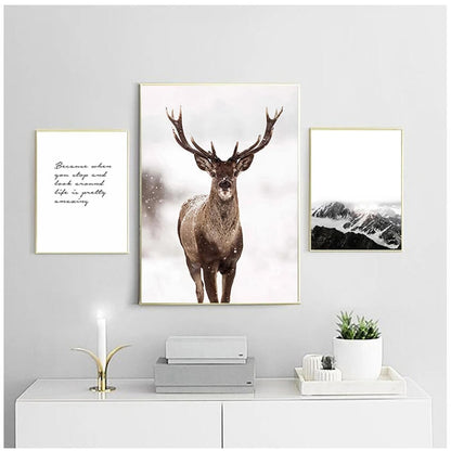 Deer Mountain Landscape Canvas Prints Nordic Animals Wall Art Nature Quotes Poster For Modern Living Room Bedroom Scandinavian Home Décor