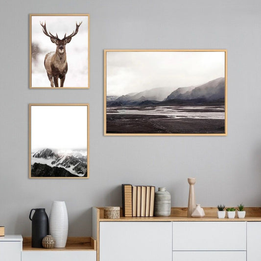 Deer Mountain Landscape Canvas Prints Nordic Animals Nature Gallery Wall Art Set Of 3 Posters For Modern Scandinavian Living Room Wall Decor