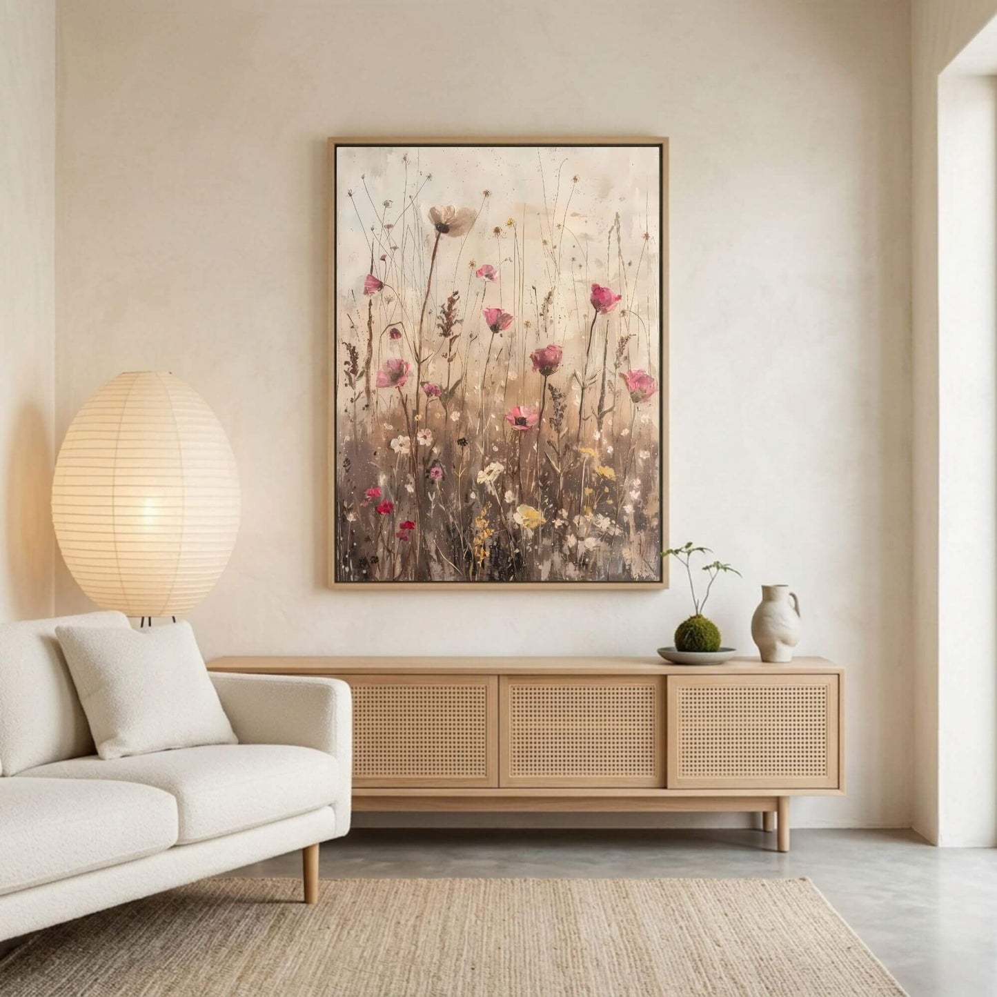 Delicate Wildflower Botanical Framed Wall Art Canvas Print – Neutral Rustic Floral Meadow Artwork