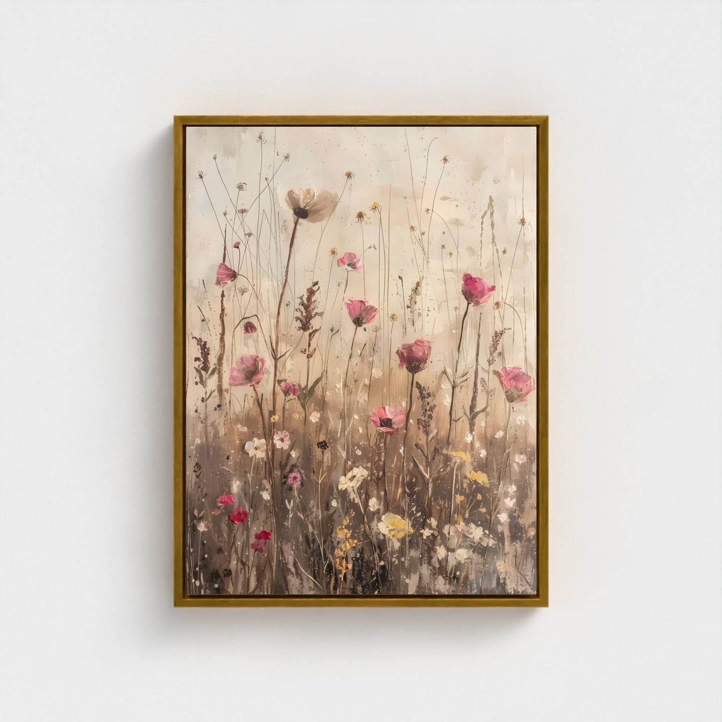 Delicate Wildflower Botanical Framed Wall Art Canvas Print – Neutral Rustic Floral Meadow Artwork