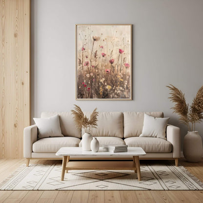 Delicate Wildflower Botanical Framed Wall Art Canvas Print – Neutral Rustic Floral Meadow Artwork