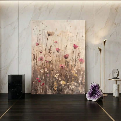 Delicate Wildflower Botanical Framed Wall Art Canvas Print – Neutral Rustic Floral Meadow Artwork