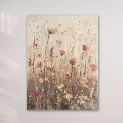 Delicate Wildflower Botanical Framed Wall Art Canvas Print – Neutral Rustic Floral Meadow Artwork