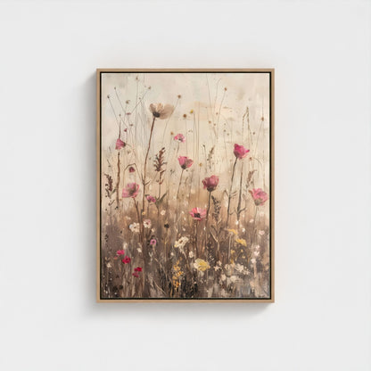 Delicate Wildflower Botanical Framed Wall Art Canvas Print – Neutral Rustic Floral Meadow Artwork