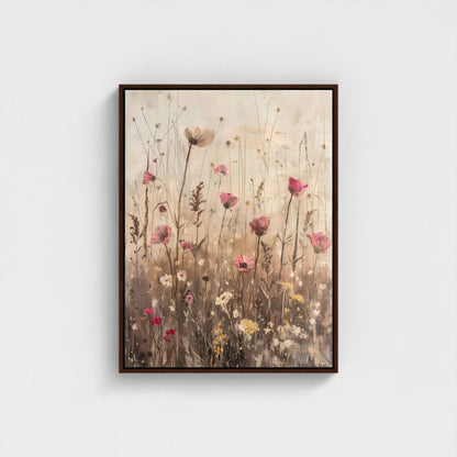 Delicate Wildflower Botanical Framed Wall Art Canvas Print – Neutral Rustic Floral Meadow Artwork