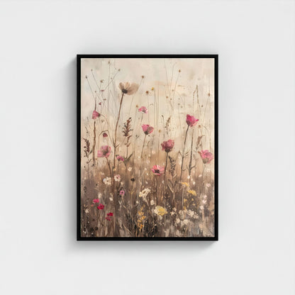 Delicate Wildflower Botanical Framed Wall Art Canvas Print – Neutral Rustic Floral Meadow Artwork