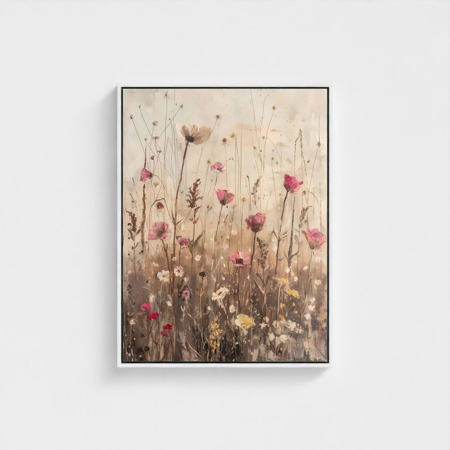 Delicate Wildflower Botanical Framed Wall Art Canvas Print – Neutral Rustic Floral Meadow Artwork