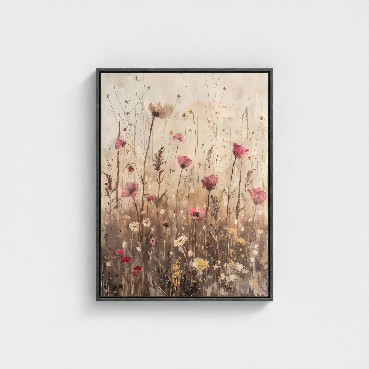 Delicate Wildflower Botanical Framed Wall Art Canvas Print – Neutral Rustic Floral Meadow Artwork